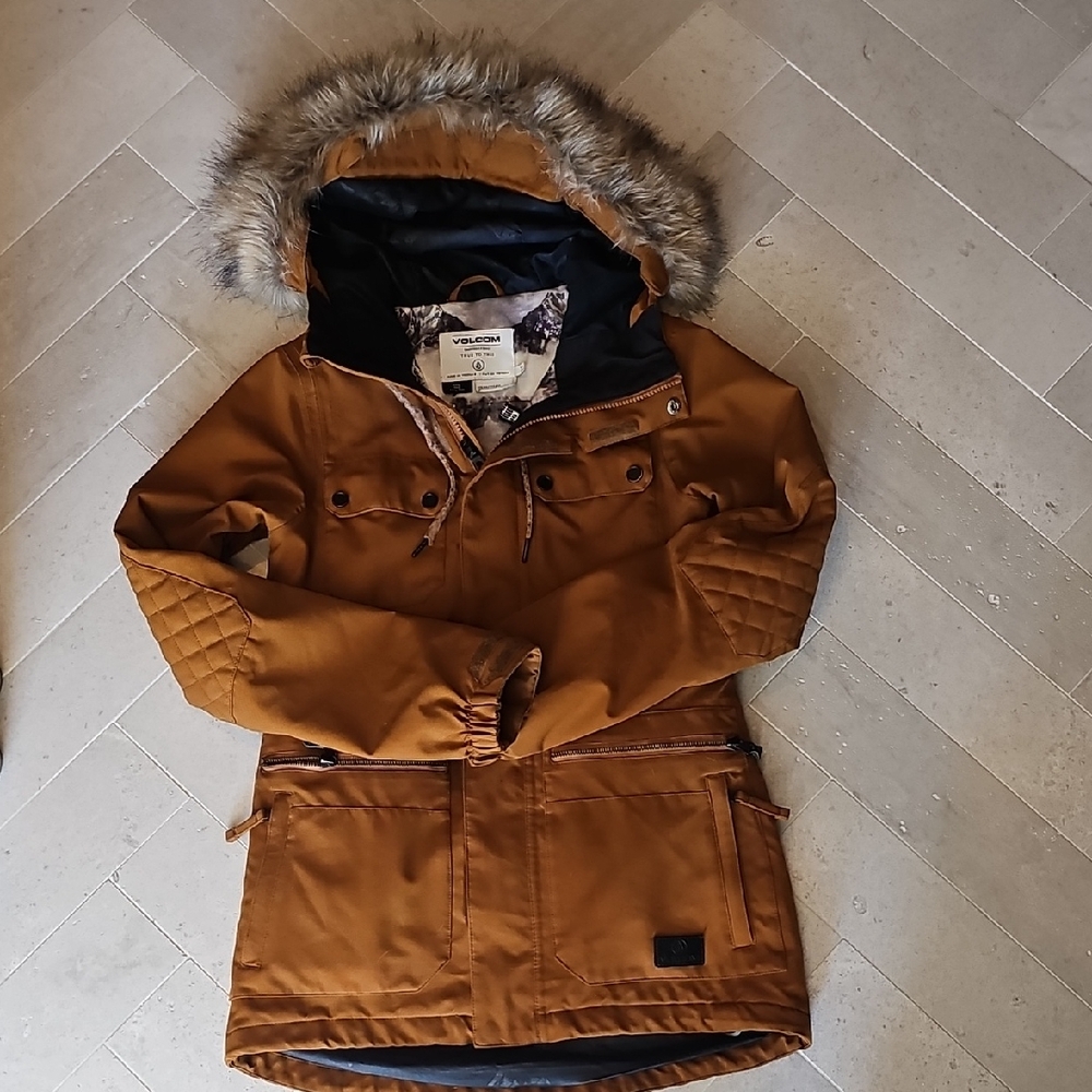 Volcom Tan Quilted Parka with Removable Fur Hood